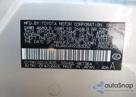 2009 Lexus Es 350 z USA, uszkodzony, nr VIN JTHBJ46G492283052